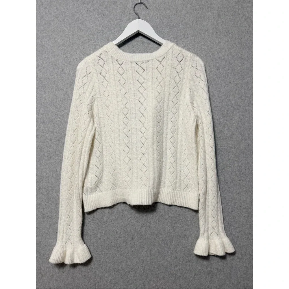 Francesca's Lorain Ruffled Pointelle Sweater Size Large Ivory Cozy Flounce Cuff